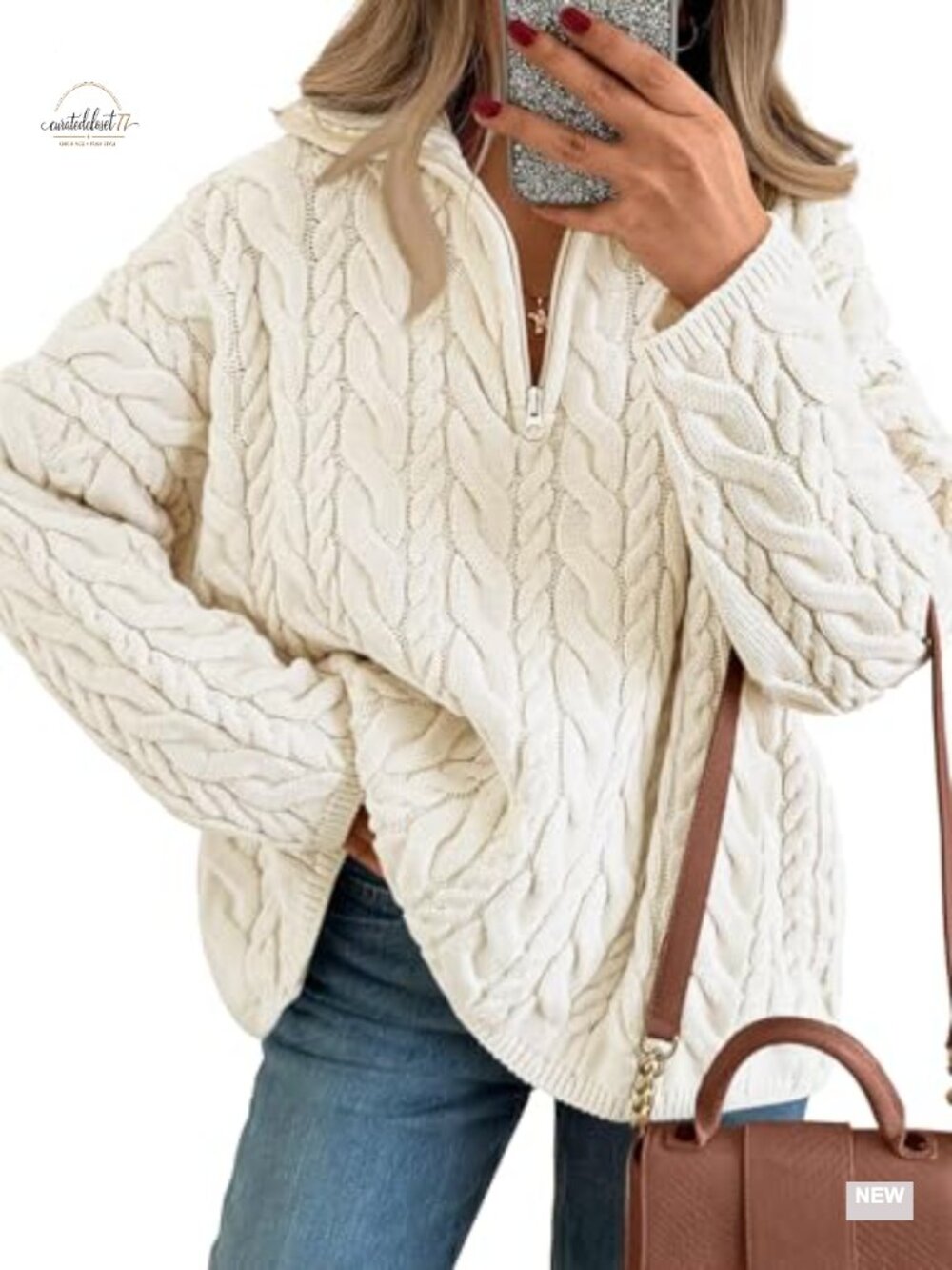 Oversized Chunky Cable Knit Quarter Zip Pullover Sweater Women